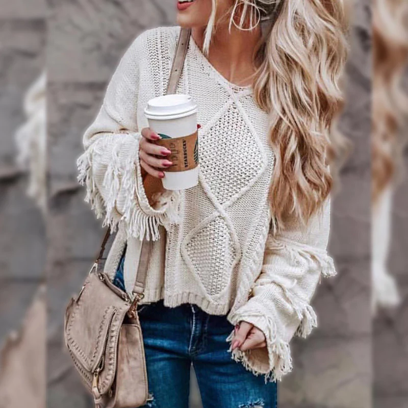 new sweater round neck long-sleeved tassel solid color sweater shirt women - Image 4