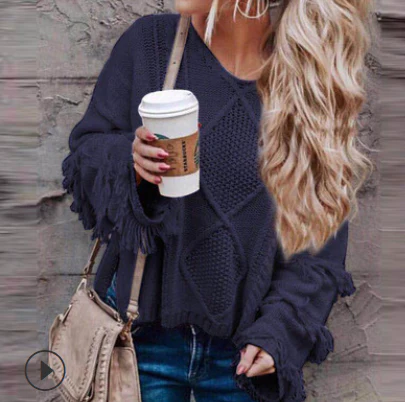 new sweater round neck long-sleeved tassel solid color sweater shirt women - Image 5