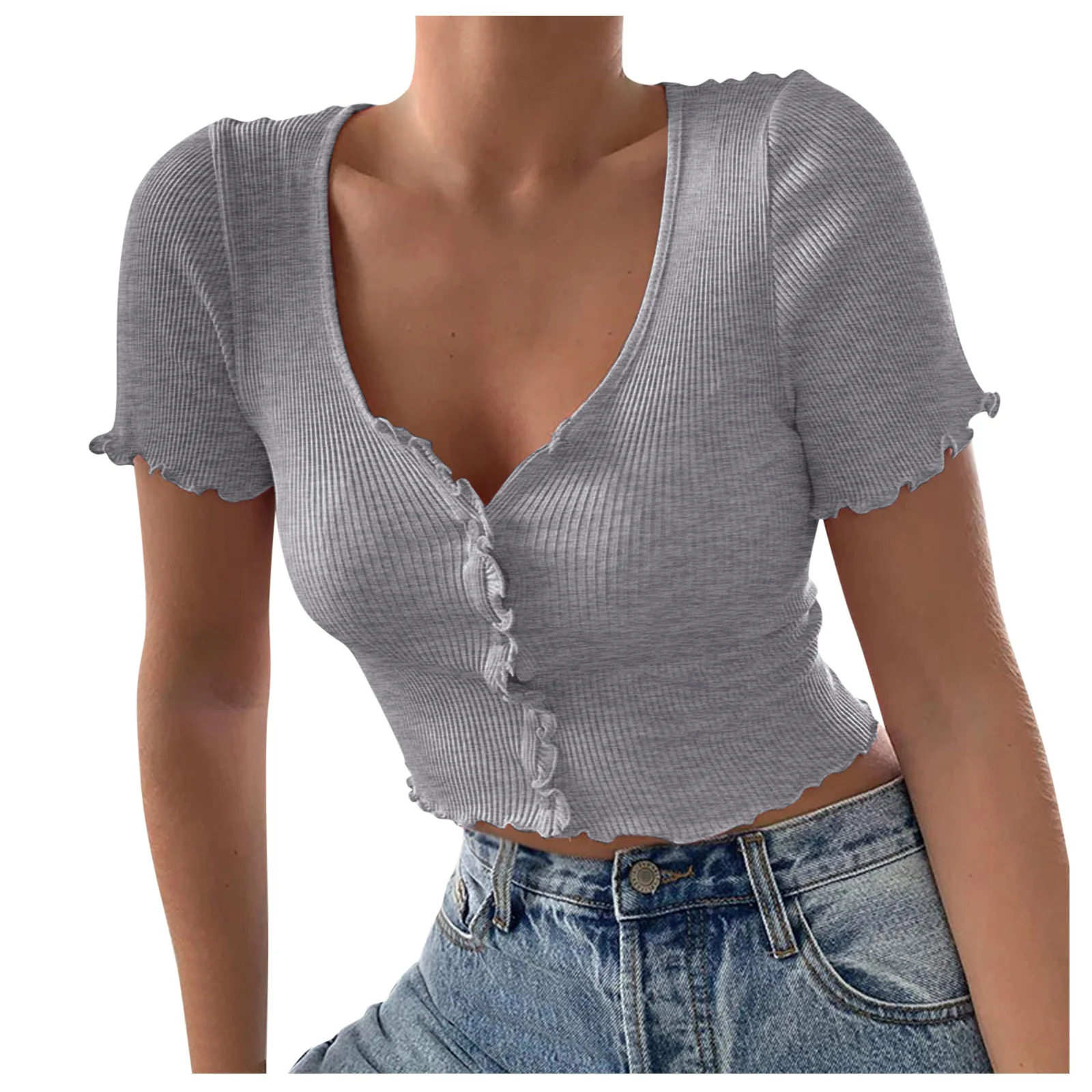 V Neck Ruffles Short Sleeve T Shirt Women Summer Casual Button Crop Top Basic Blue T Shirt Tops - Image 3