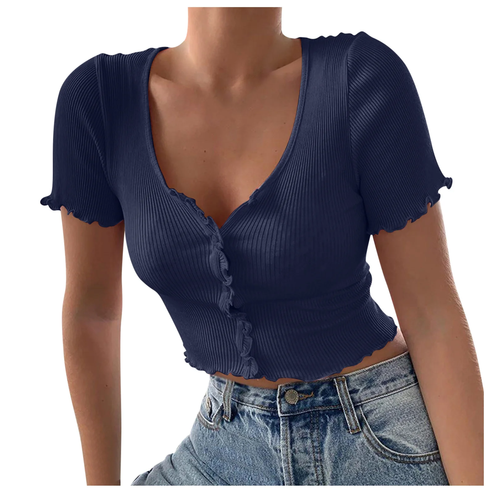 V Neck Ruffles Short Sleeve T Shirt Women Summer Casual Button Crop Top Basic Blue T Shirt Tops - Image 9